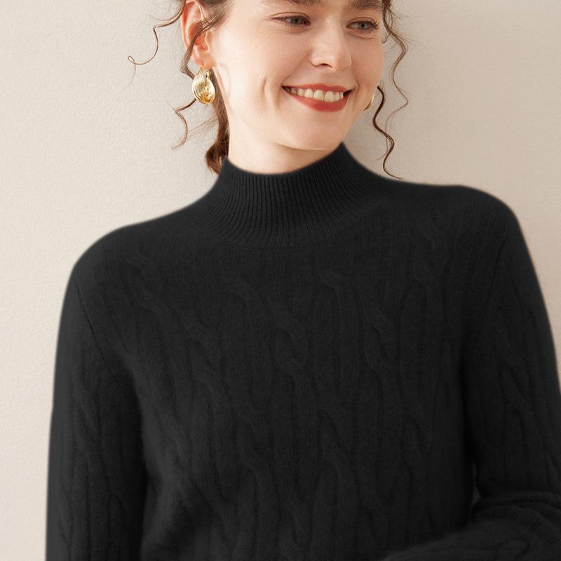 Women's Cashmere Cable Knit Sweater: Autumn/Winter Long Sleeve, Loose Fit, Half-High Neck, Thick and Warm Base Layer.
