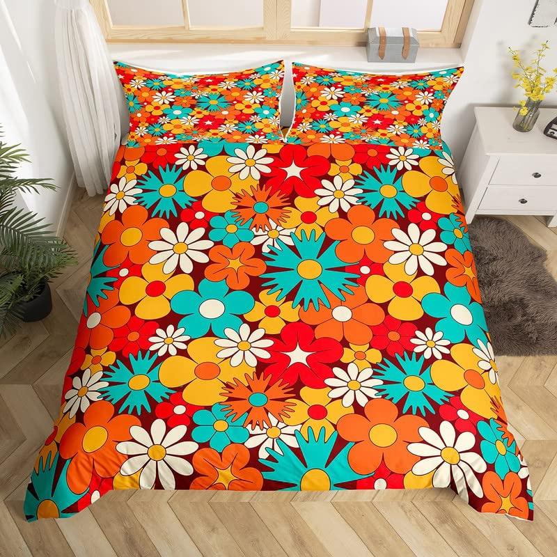 Retro 70s Hippie Style Duvet Cover Queen Microfiber Psychedelic Mushroom Bedding Set Room Decor Gifts Rainbow Floral Quilt Cover