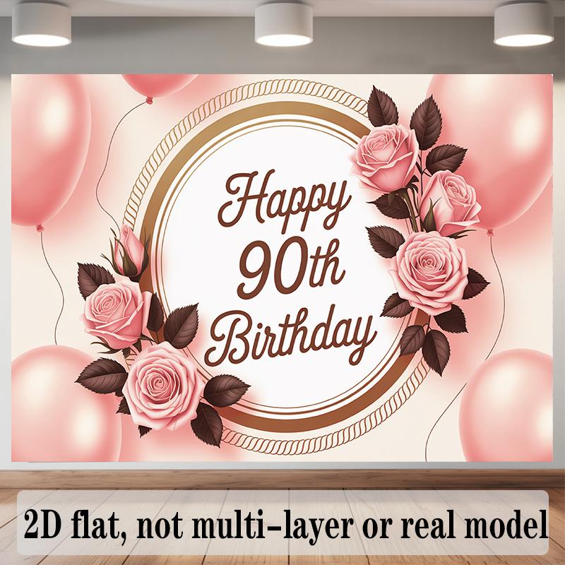 90th Birthday Banner, Pink Roses Golden Frame Backdrop Wall Decor for Party