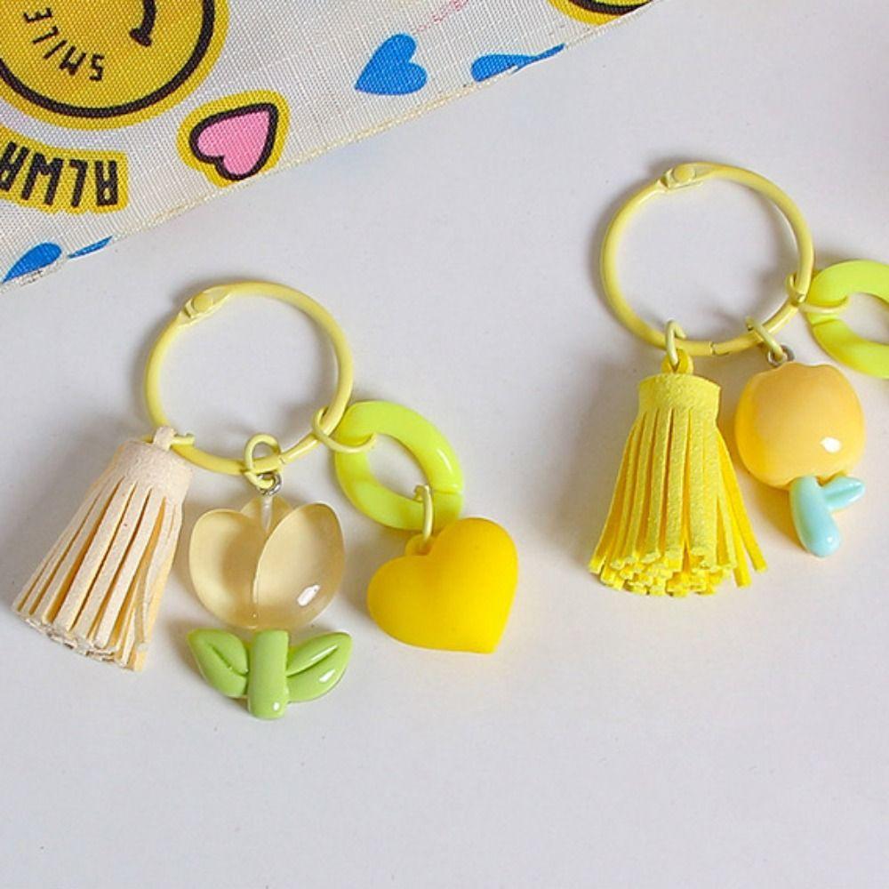 With Tassel Sweet Resin Tulip Keyring Young Girl's Heart Tulip Flower Keychain Pendant   Girls