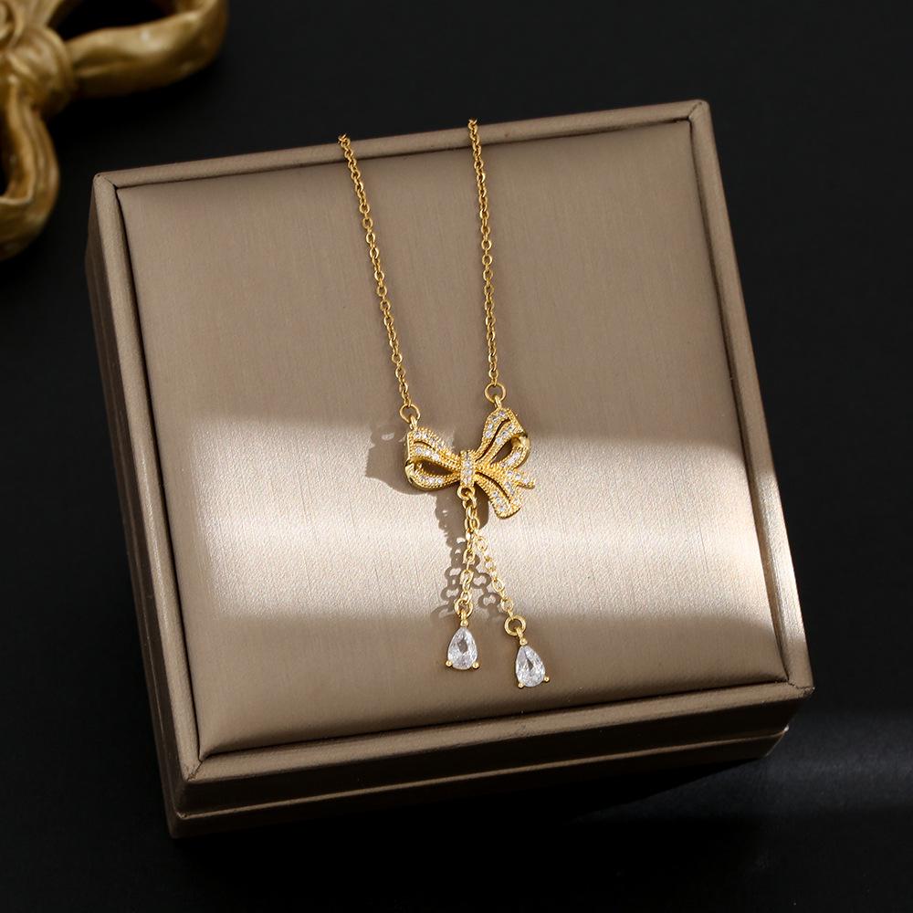 Korean Butterfly Tassel Luxury Diamond Titanium Steel Necklace - Women's Versatile Clavicle Jewelry