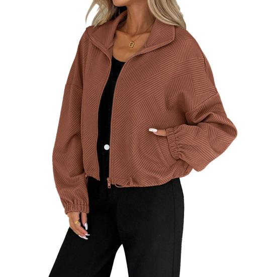 Women's Full Zip Short Jacket Casual Long Sleeve Stand Collar Crop Coat Drawstring Hem Fall Sweatshirt with Pockets