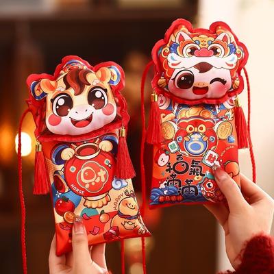 Мультяшный кошелек HongBao с плечевыми ремнями, кисточкой, мешок с новогодними пожеланиями, традиционный китайский красный конверт, подарки для вечеринки