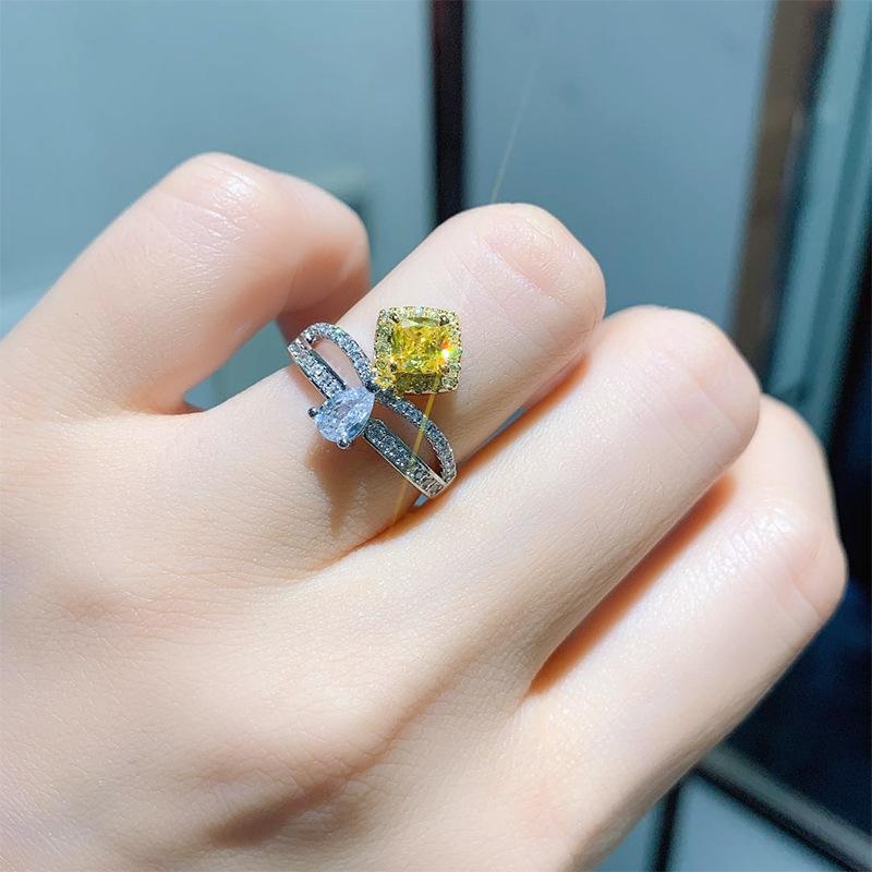 Zircon ring pink diamond yellow diamond color ring square jewelry European and American high carbon diamond ring
