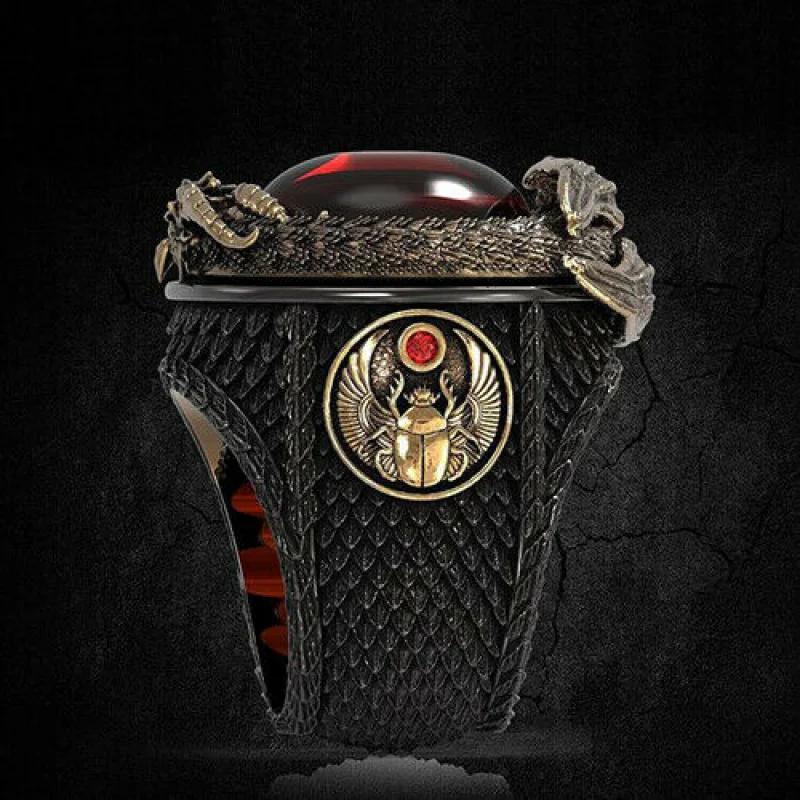 Cool Men Golden Dragon Rings Silver Color Fashion Red AAA Zircon Hip Hop Motorcycle Punk Party Jewelry Gift Size 6-13 Wholesale