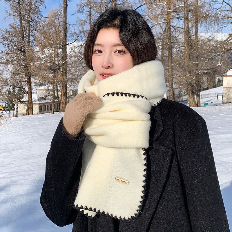 White Scarf Women's New Winter Versatile Knitted Wool Including Wool Warm Scarf