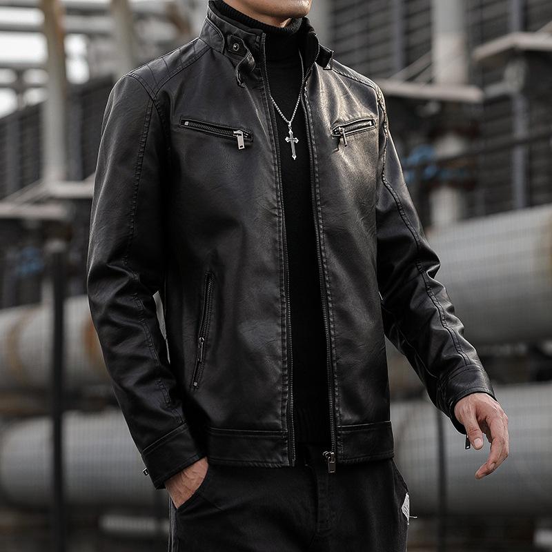 Новая мужская куртка из искусственной кожи, корейская повседневная мужская облегающая мотоциклетная кожаная куртка с воротником-стойкой, куртка из искусственной кожи для молодых мужчин