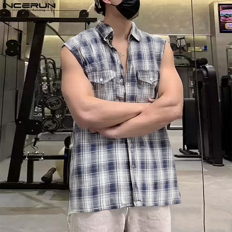 INCERUN Мужские рубашки без рукавов с лацканами и градиентным клетчатым принтом, повседневные майки
