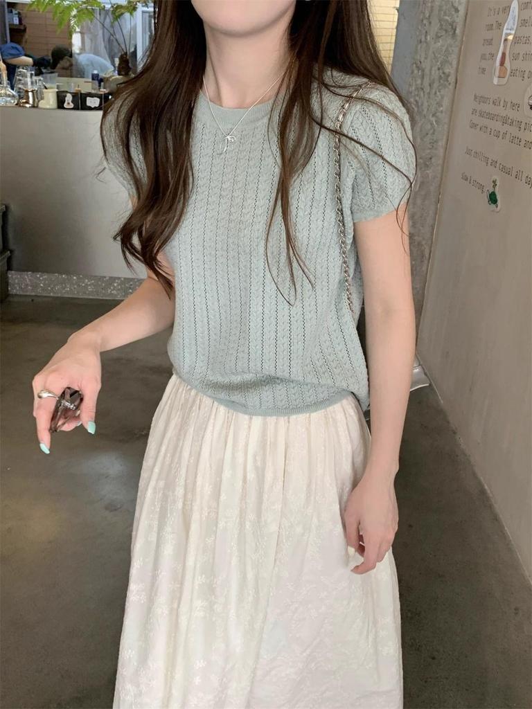 Женский топ с коротким рукавом в корейском стиле, вязаный ажурным узором, весна/лето 2025
