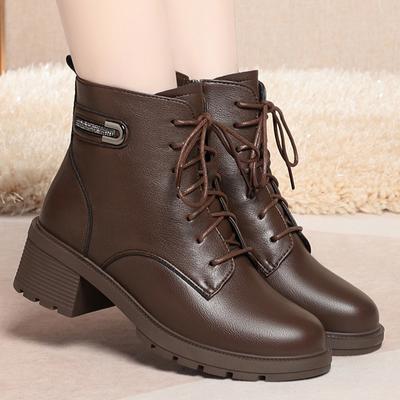 Модные женские кожаные короткие сапоги 2024 года, зимние шерстяные сапоги плюс бархатная толстая подошва, толстый каблук, женские мотоциклетные сапоги, размер 35-40, каблук 5 см