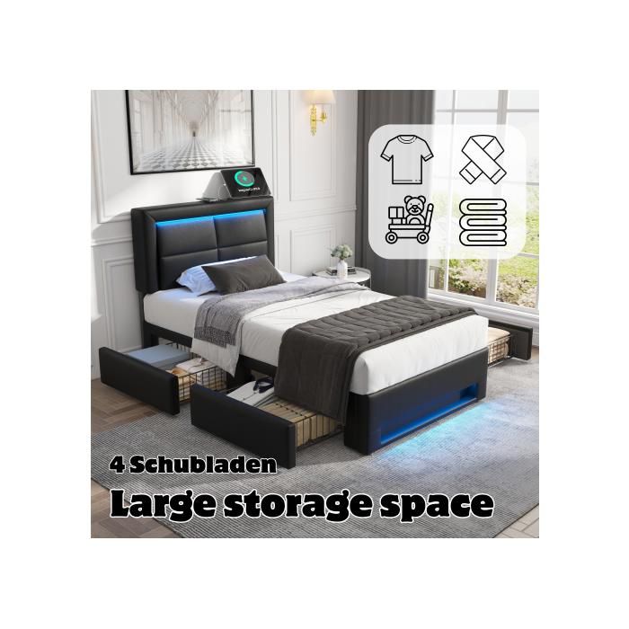Lit rembourré - MUVOE - 90x200 cm - avec port USB - éclairage LED - 4 tiroirs noir
