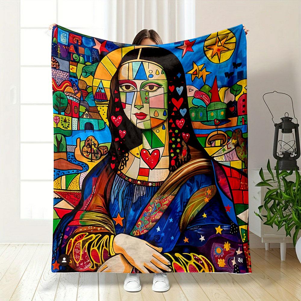 Colorful cubism-inspired portrait blended with hearts, stars, and patterns. for all seasons blanket lunch break throw gift