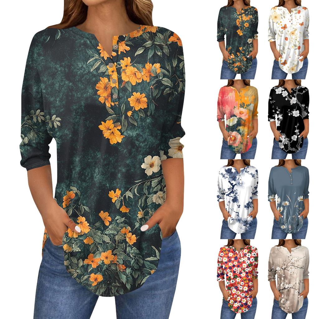 3/4 Length Sleeve Womens Tops Summer T-Shirts Floral Print V Neck Casual Basic Tee Button Shirts Tunic Tops