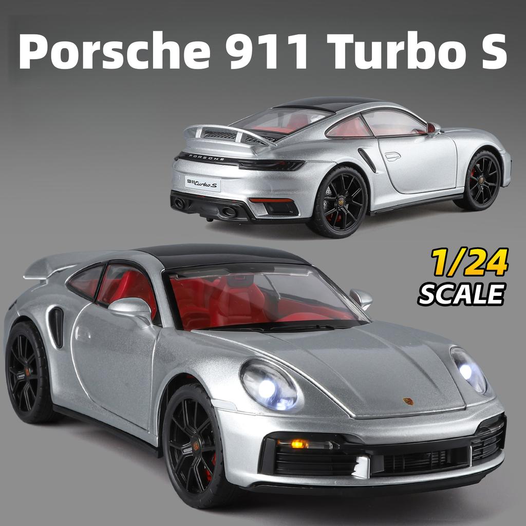 pdbn6 1/24 Porsche 911 Turbo S Diecast Alloy Metal Toy Car Miniature Model Pull Back Sound & Light Doors Openable Collection Gift Boy