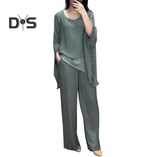 Женский повседневный костюм, топ, широкие брюки, свободный наряд для дома, вечеринки, офиса, с круглым вырезом, с рукавами «летучая мышь», комьютерный костюм