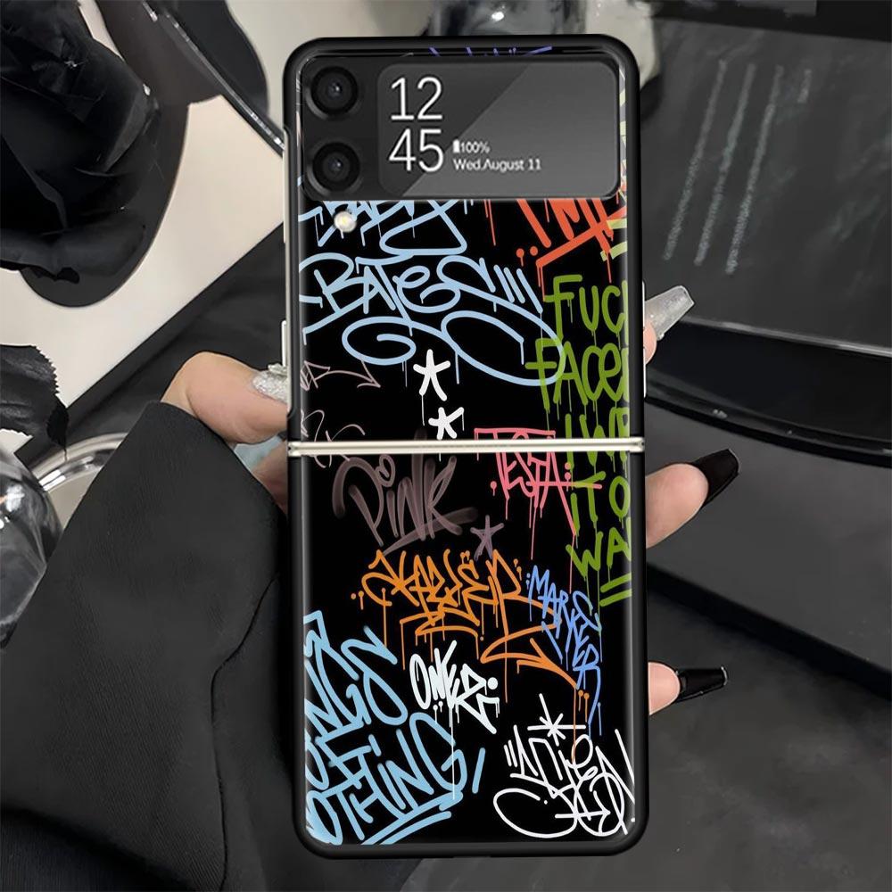 Модный Крутой Чехол для Телефона с Граффити для Samsung Galaxy Z Flip 7 6 5 4 3 5G Черный Чехол ZFlip7 ZFlip6 ZFlip5 ZFlip4 ZFlip3 Fundas Ga