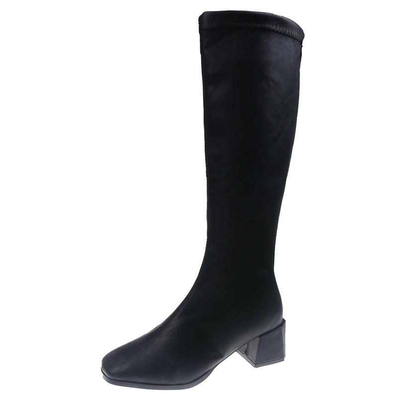 2024 Knee High Boots Women Fleece Chunky High Heels Back Zipper Thigh High Boots PU Leather Shoes Fashion Winter Long Boots