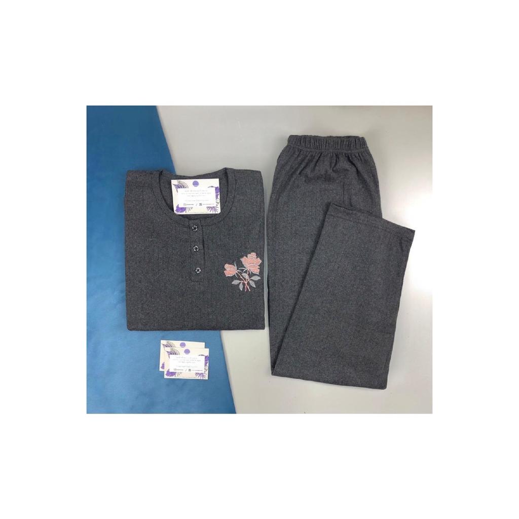 Wide Fit Mother's Winter Long Sleeve Green Plus Size Pajama Set - Single Flower