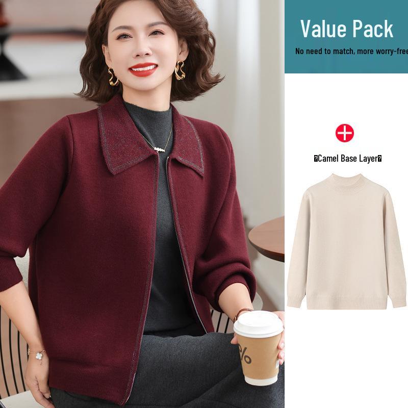 Plus Velvet Lapel Knit Top for Middle-Aged & Elderly Women - Autumn/Winter Warm Casual Jacket