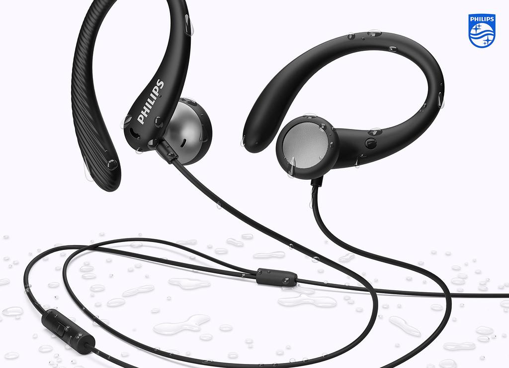 Philips A1105 Sports Wired Headphones with Ear Secure Deep Remote Control and Connector TAA1105BK In-Ear Hooks, Fit, Bass, In-line Microphone,