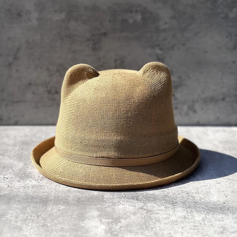 Sweet And Cute Ears Basin Hat Children Spring And Summer Sun Protection Sun Hat Fine Cotton Yarn Knitted Curled Top Hat Korean Version Tide
