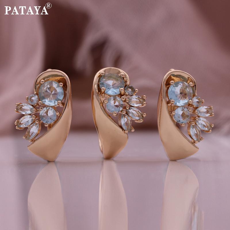 PATAYA Комплект из серег и кольца цвета розового золота 585 пробы с искусственным цирконом светло-голубого цвета