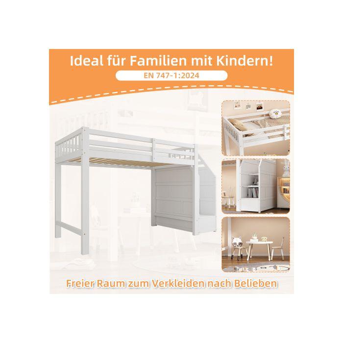 Lit mezzanine - MUVOE - 90x200 cm - Bois massif - Échelle de rangement - Garde-corps sécurisé