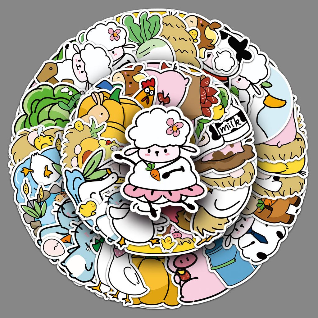 50 Happy Farm Doodle Stickers Cartoon Cute Animal Decorative Water Cup Guka Mobile Phone Case Stickers