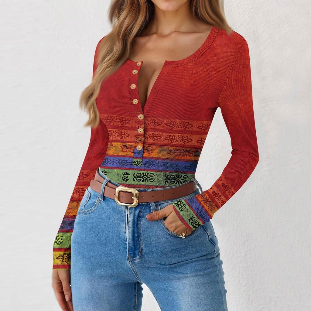 Women's Slim Bottom T-shirt Fashion Casual Gradient Printing Round Neck Pullover Long Sleeve Top