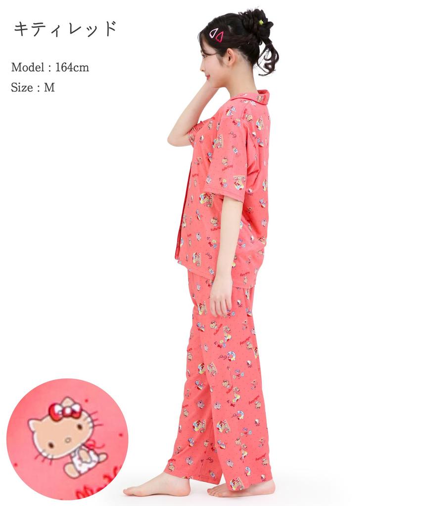SAZAC Peach Side Hello Kitty Shirt Cotton Short Sleeve and Long Pants Loungewear Pajamas, 100% Broadcloth, Women's Set, (Red/L/SAN1949)