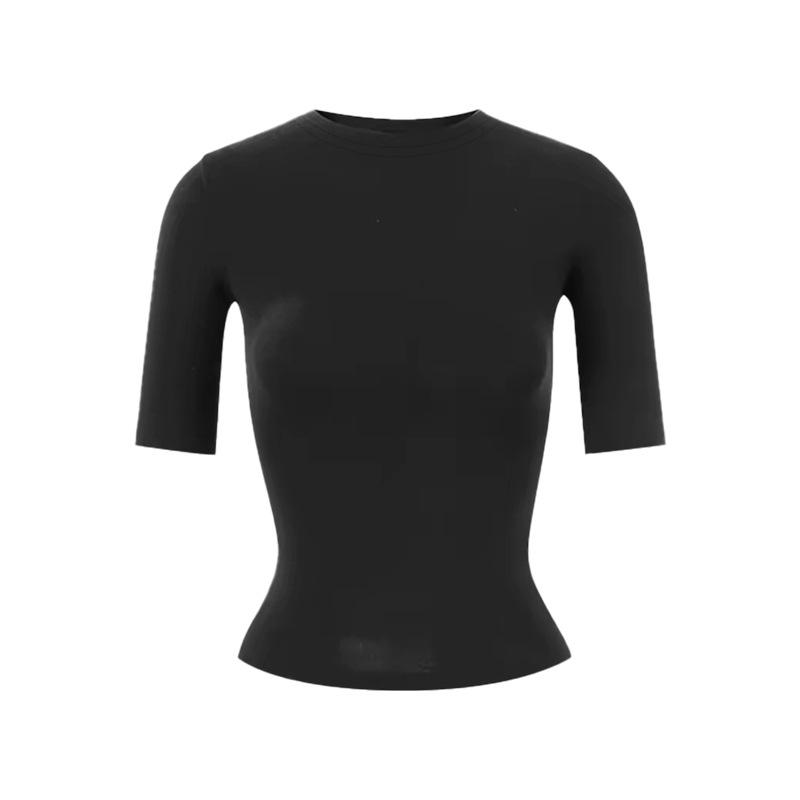 Simple basic small round neck front shoulder short-sleeved T-shirt women's spring and summer slim-fitting and thin inner bottoming shirt on clothes