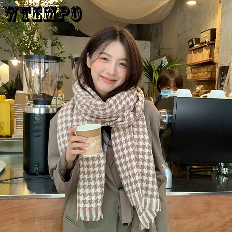 Winter Warm Couples Knitted Plaid Scarf Korean Version of The Tassel Collision Color Thousand Bird Plaid Scarf Female