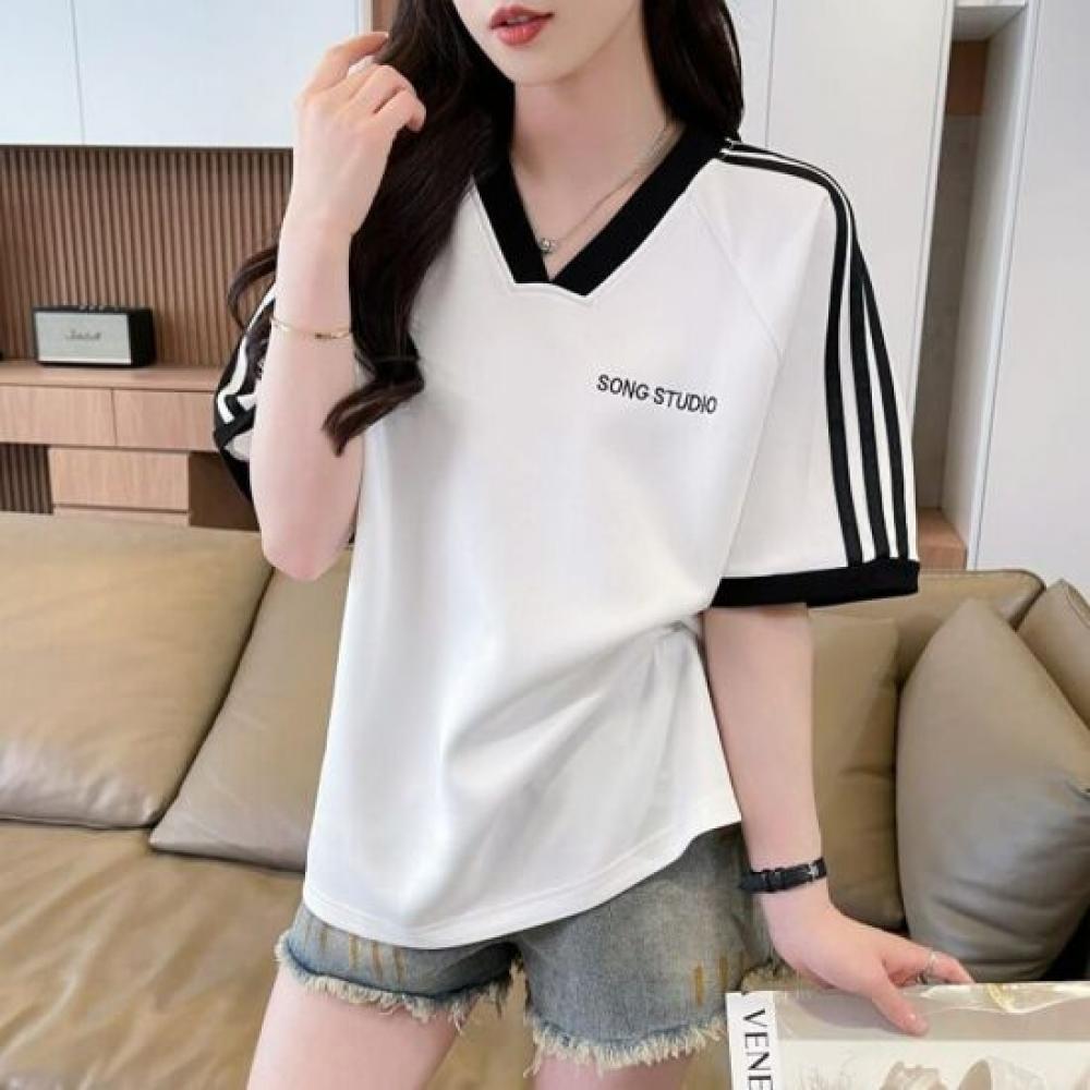 NaVaVa Casual Loose FiT Color Block V Neck ShorT sleeVe T shirT nT3339