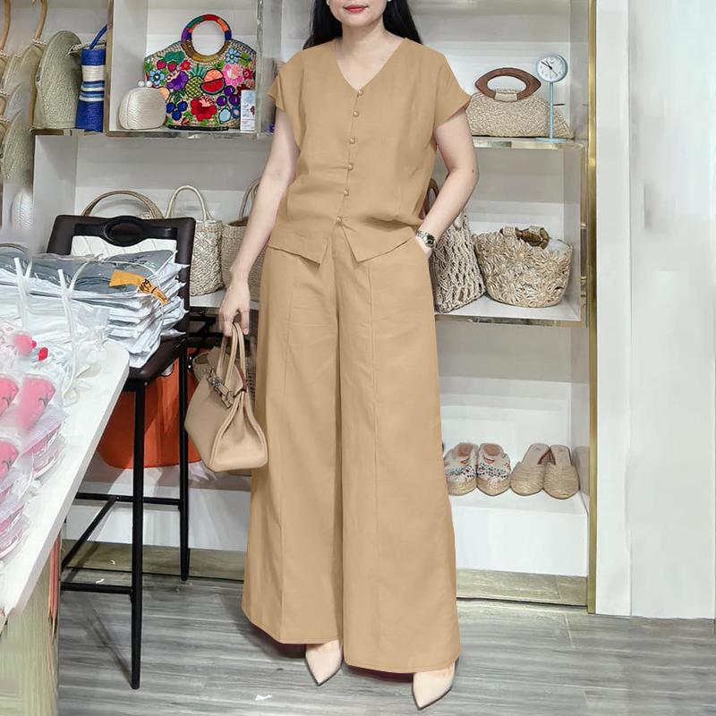 ZANZEA Женский повседневный костюм из двух частей: блузка без рукавов и широкие брюки