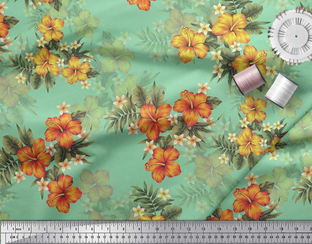 Soimoi Японская креп-сатиновая ткань с цветочным принтом и листьями, тропическая ткань, принты по метрам, 42 дюйма