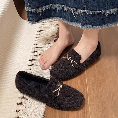Модные женские плюшевые туфли на плоской подошве из искусственной шерсти, теплые мокасины, зимние милые флисовые туфли без застежек, туфли-лодочки на плоской подошве, женские туфли большого размера Laxzy