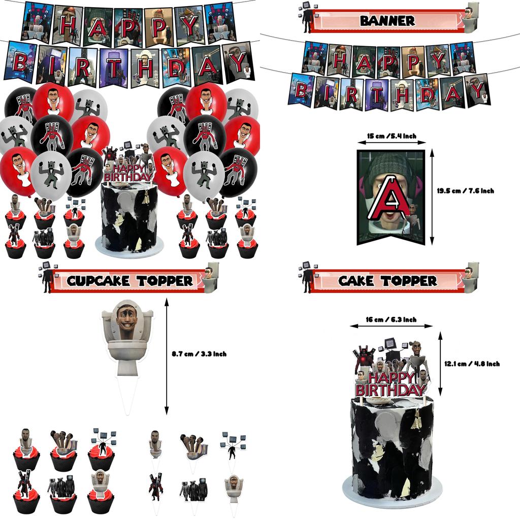 Набор для украшения дня рождения в стиле Skibidi Toilet Тематический топпер для торта-монстра, бумажные флажки, воздушные шары и многое другое!