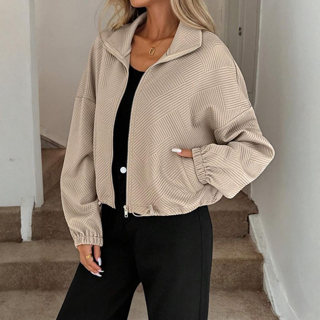 Women's Fashionable Solid Color Long Sleeved High Neck Zipper Hem Drawstring Pocket Loose Baseball Jacket