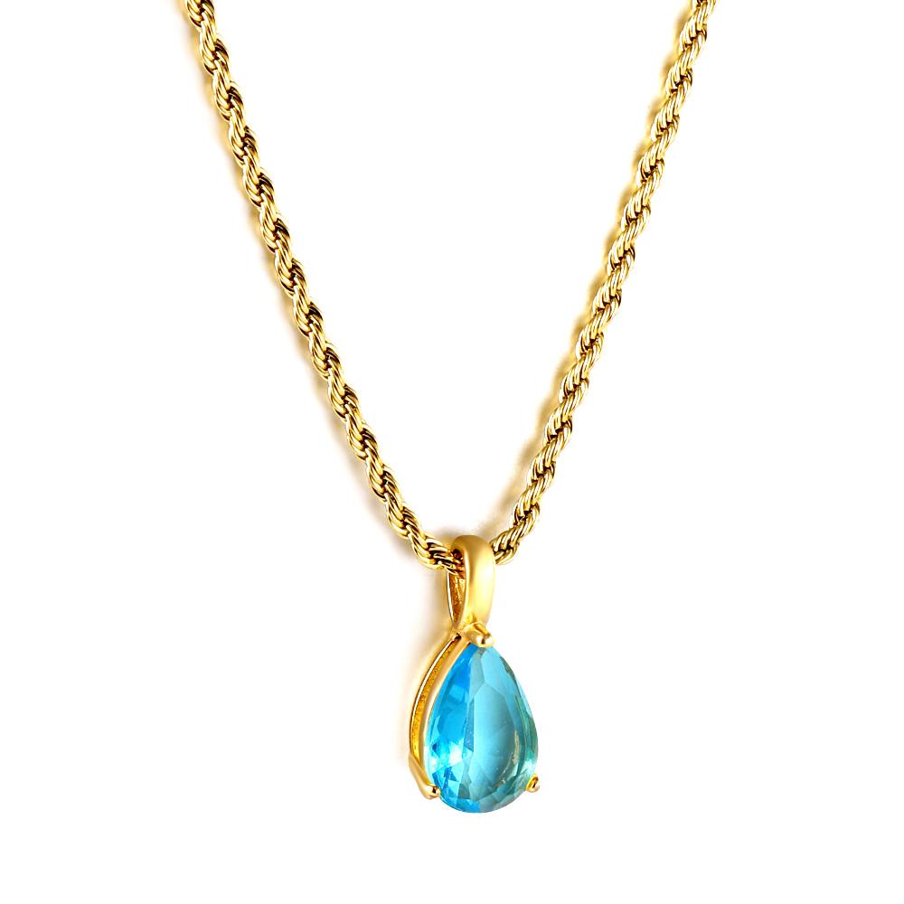 New Fashion 1 Piece 316L Pink Teardrop Crystal Pendant Necklace 40+5cm Golden Hemp Rope Chain Female Sweet Romantic Jewellery