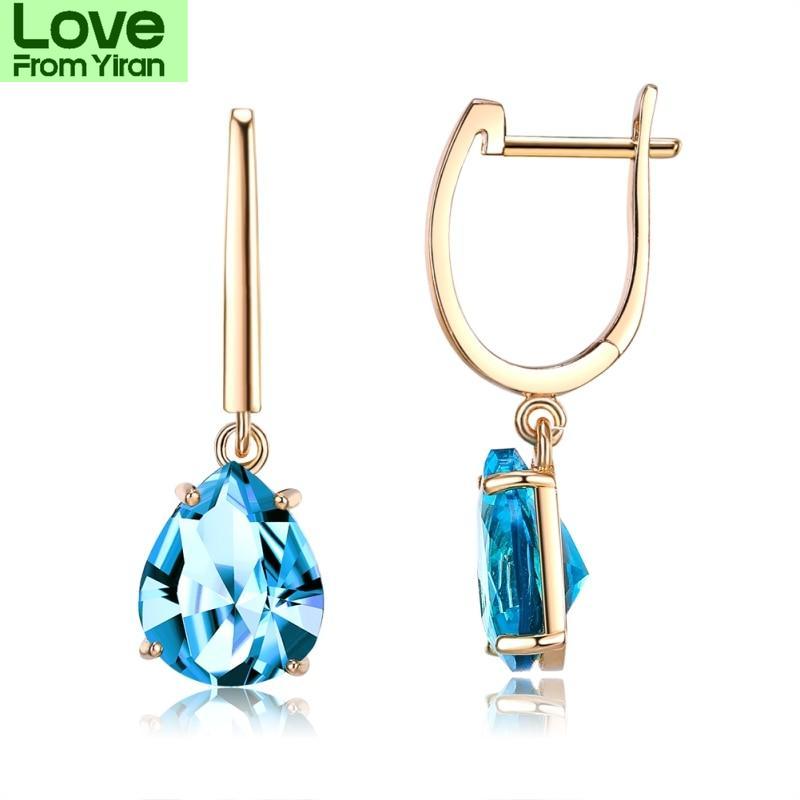 Luxurious Champagne Gold Tone Blue Women Cubic Zircon Stud Earrings Female Giveaway Present Trendy Stylish Engagement Earrings Fine Jewelry