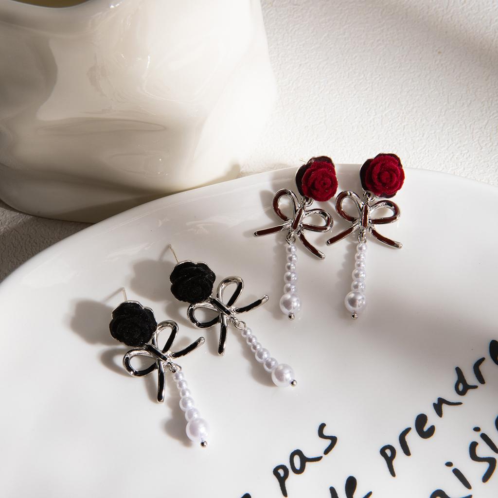 Flocking Camellia Bow Pearl Earrings, Light Luxury Fashion Niche Design Stud Earrings