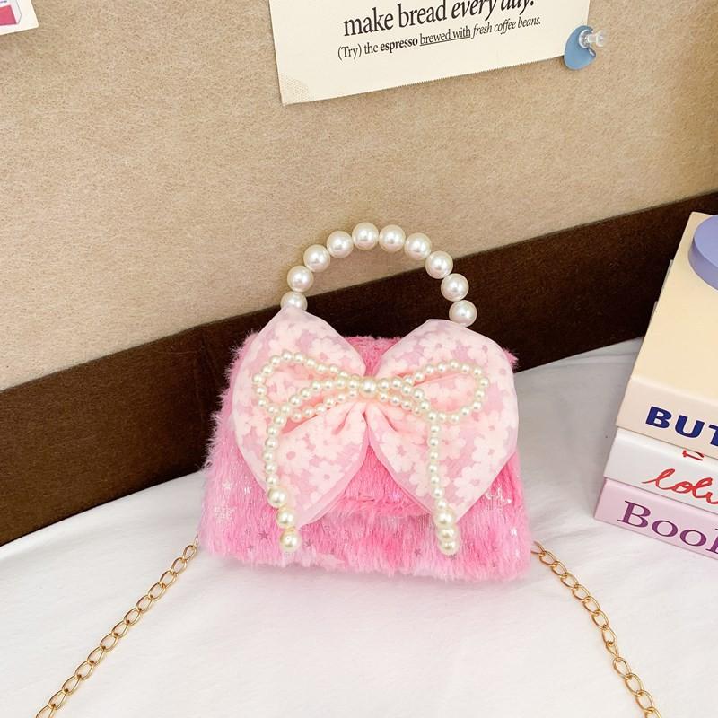 Trendy Lovely And Pearl Handle Bowknot Handbag For Kids In Soft Pink Color Everyday For