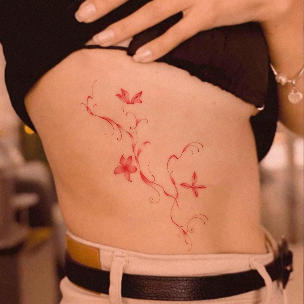 Gentle Wind Red Lily Vine Tattoo Sticker Niche High-End Sense Of Long-Lasting Non-Reflective Waist And Abdomen Patch