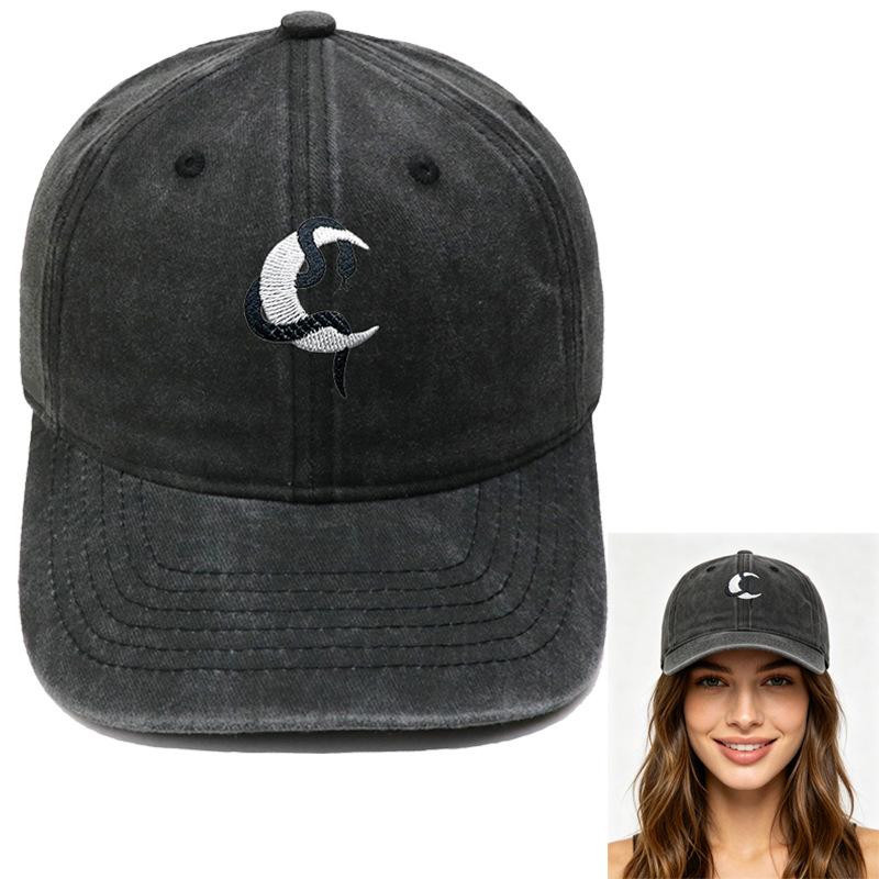 Snake wrap moon embroidery baseball cap washed retro dad hat personality hip hop men's and women's casual hat tide