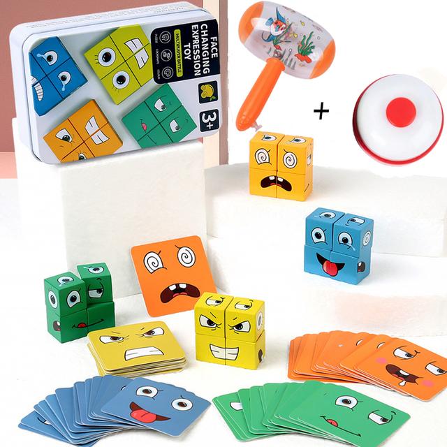 Face Changing Cube Board Card Game Building Blocks Cartoon Wooden Puzzle Montessori Anxiety Stress Relief Toys For Children Kids