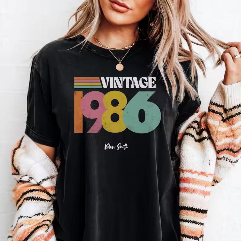 Vintage 1986 Unisex Shirt Personalized Gifts Women 40th Birthday for Mom for Her All-match Casual Style Printed T-shirt Tops