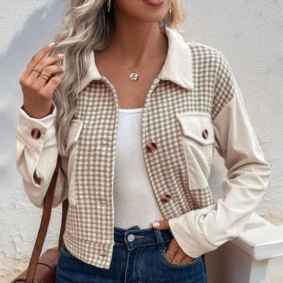 Осень-весна Женское пальто Клетчатый кардиган с пуговицами Длинные рукава Нагрудные карманы Отложной воротник Кардиган Повседневный