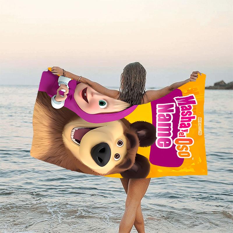 1pc Masha and the Bear2 Beach Towel with Custom Name, Beach/Swimming/Bath/Picnic/Camping Towel, Suitable for Seaside Beaches
