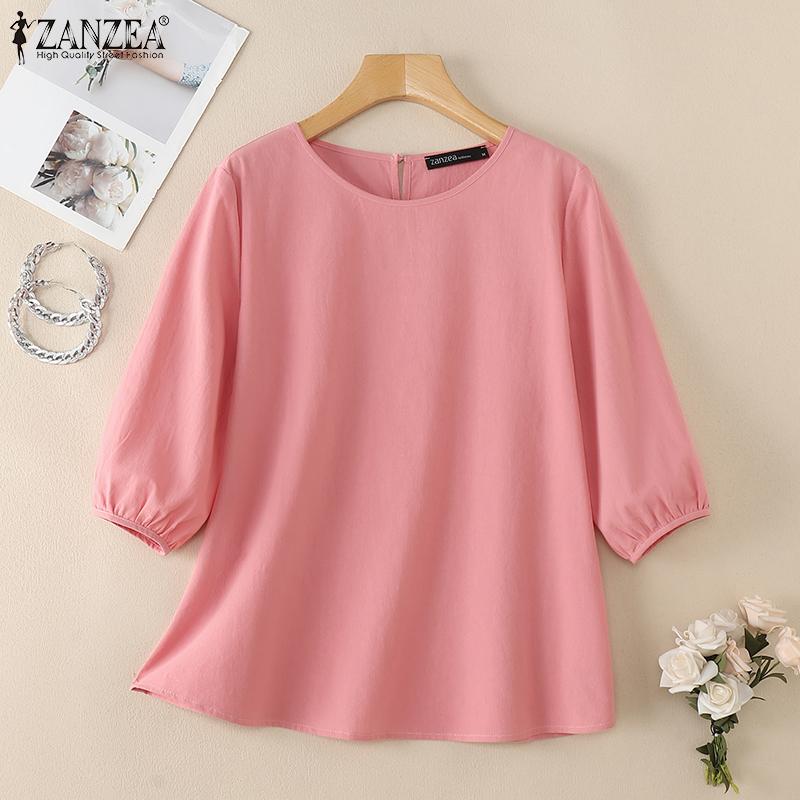 ZANZEA Женская повседневная блузка свободного кроя с круглым вырезом и рукавом 3/4