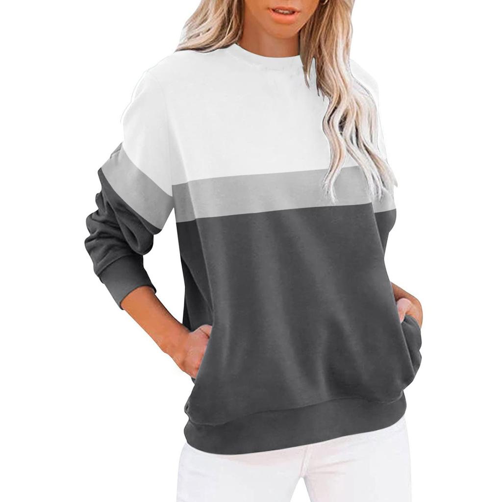 Women's Fashion Casual Long Sleeve Color Blocking With Pocket Pullover Sweatshirt Top